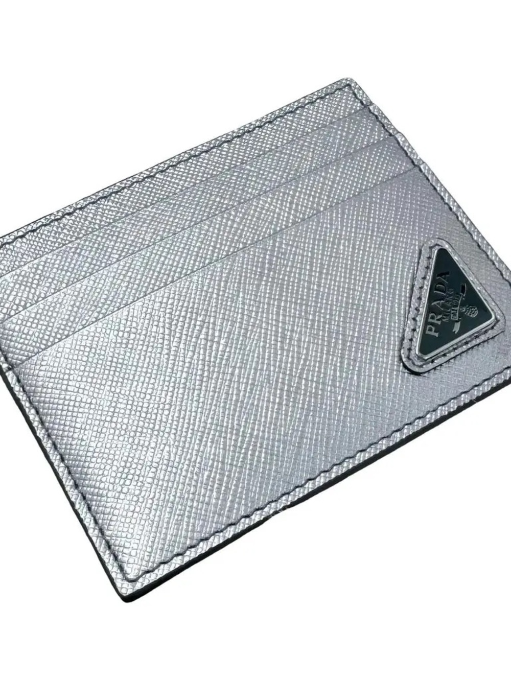 Prada Metallic Silver Saffiano Leather Card Case
